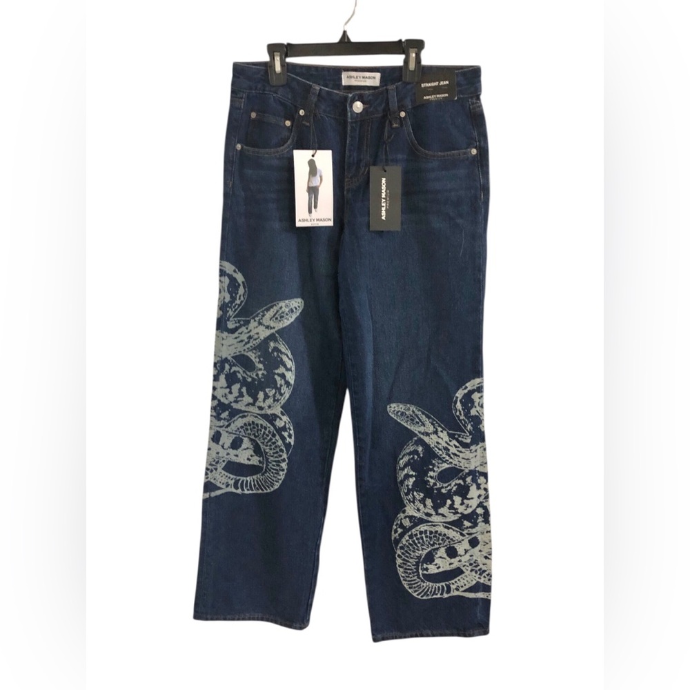 Ashley Mason dark blue wash serpent snake printed straight jeans size 7/28 new‎